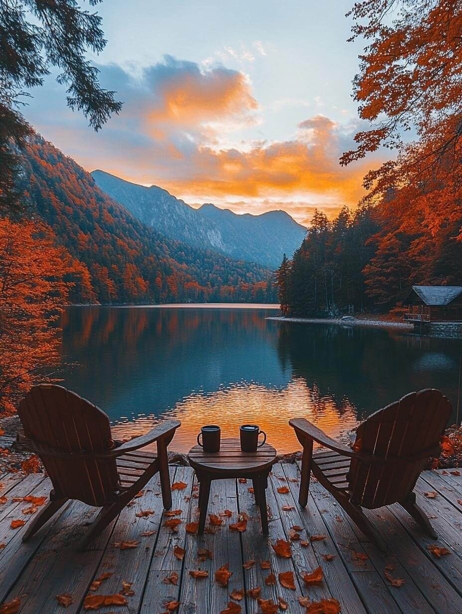 Autumn lake at sunset with Adirondack chairs