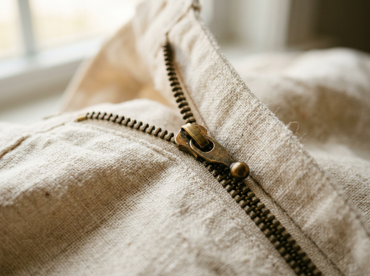 Close-up of a brass zipper on cream linen — an analogy for how things work together